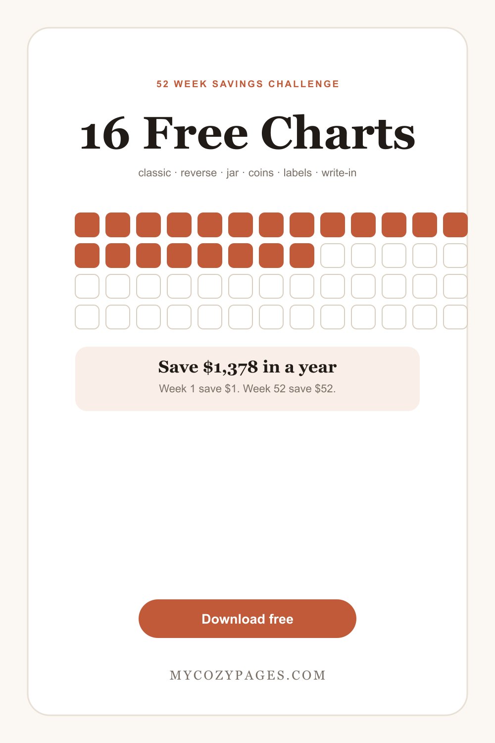 Sixteen free printable 52 week savings challenge charts from MyCozyPages, saving $1,378 in a year