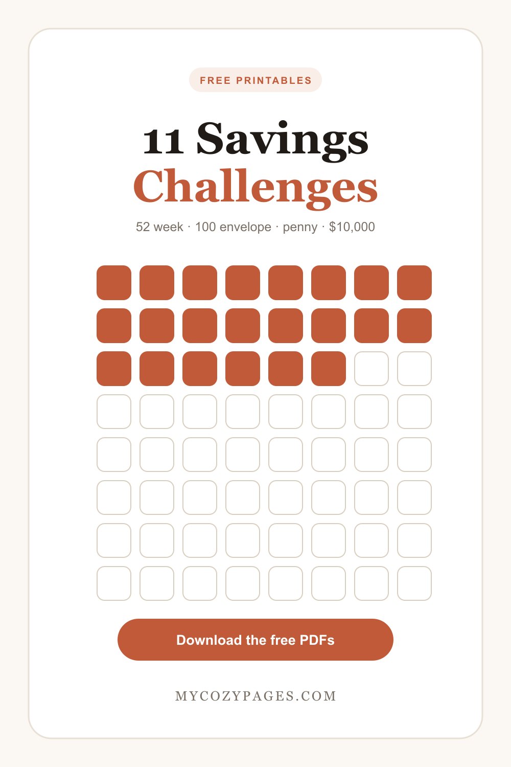 Eleven free printable savings challenges from MyCozyPages, with a grid of boxes to color in as you save