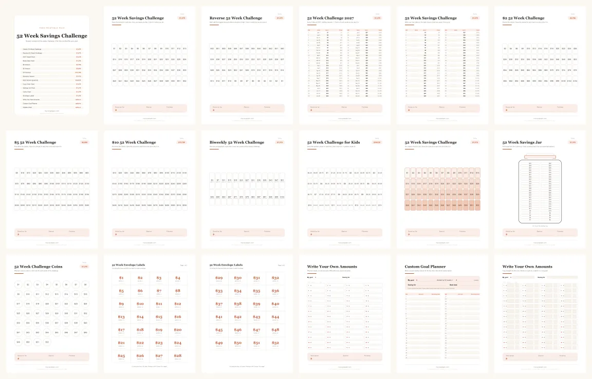 Preview of all 18 pages in the 52 week challenge pack, shown as a grid of thumbnails