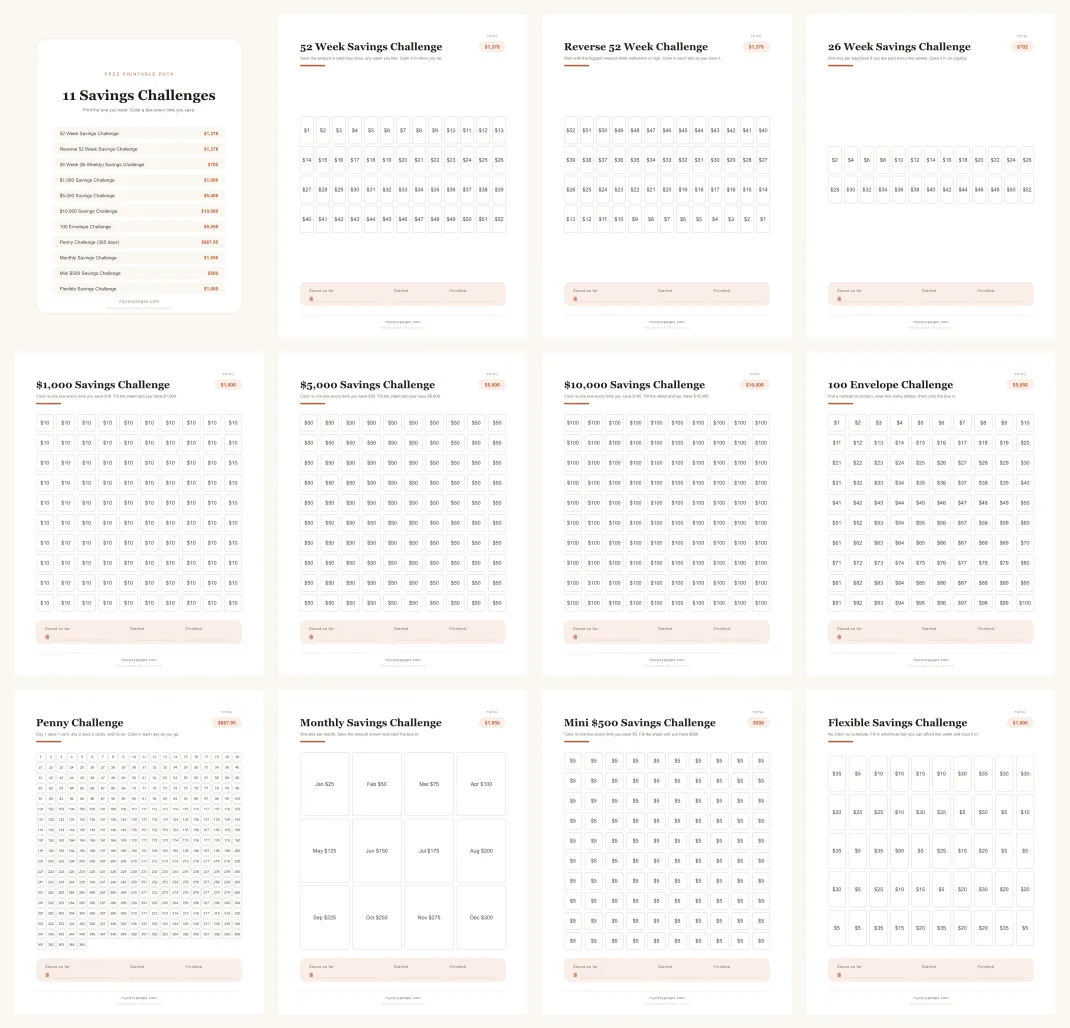 Preview of all 12 pages in the savings challenge pack, shown as a grid of thumbnails